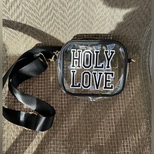Clear “Holy Love” Crossbody with White/Black Knit Decal